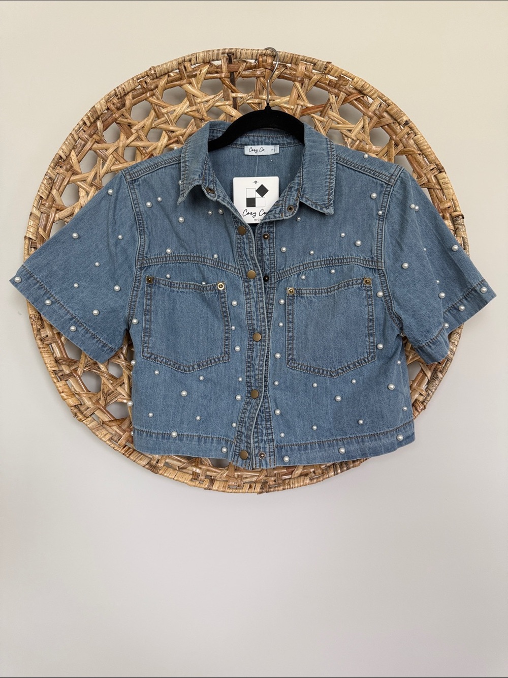 Women's Pearl-Trim Light Blue Denim Jacket